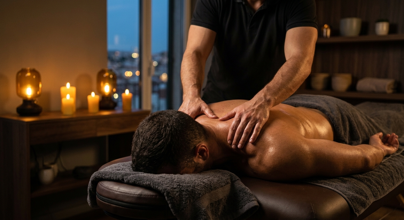 Massagem masculina, ombros e costas