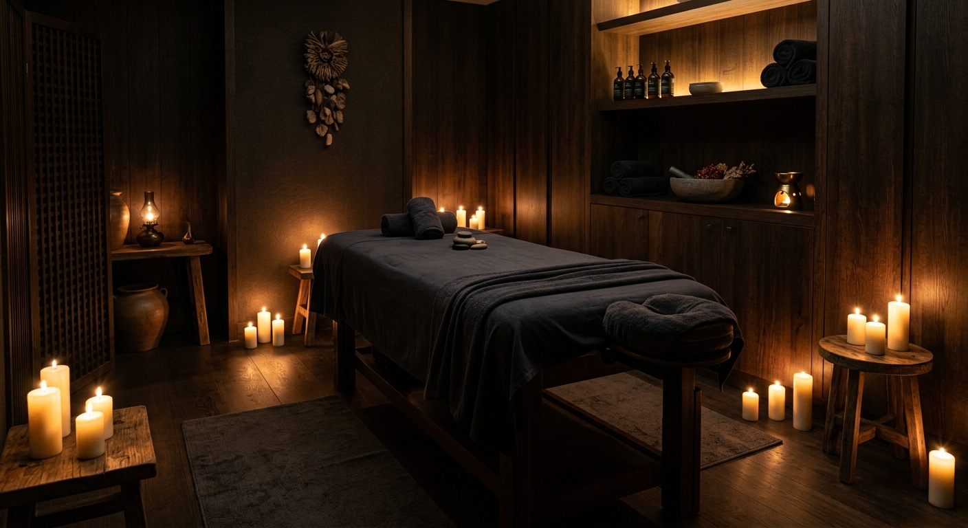 Sala de massagem dourada com velas